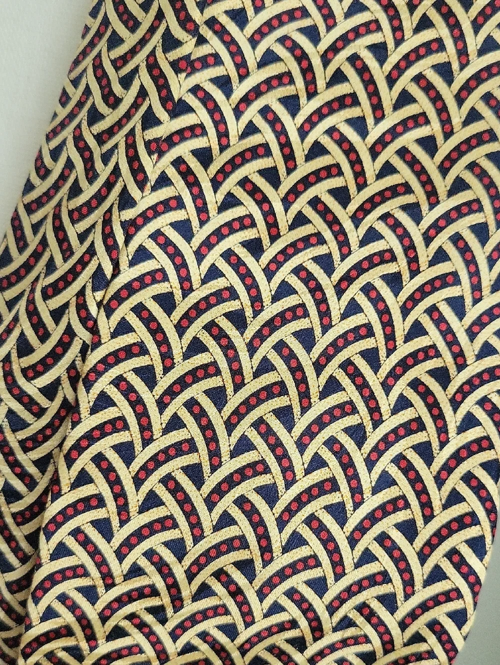 Vintage Raphael Silk Scarf in Cream Red Blue Woven Geometric Design